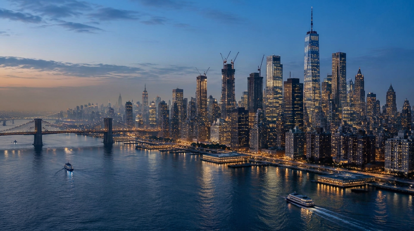 Manhattan skyline at blue hour with construction tower cranes among the skyscrapers