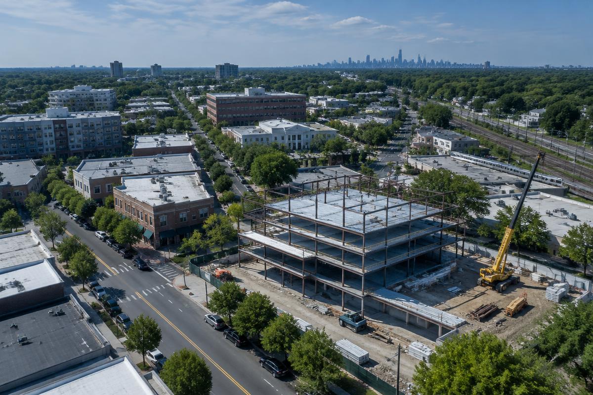 Aerial view of a New Jersey construction site near a suburban downtown