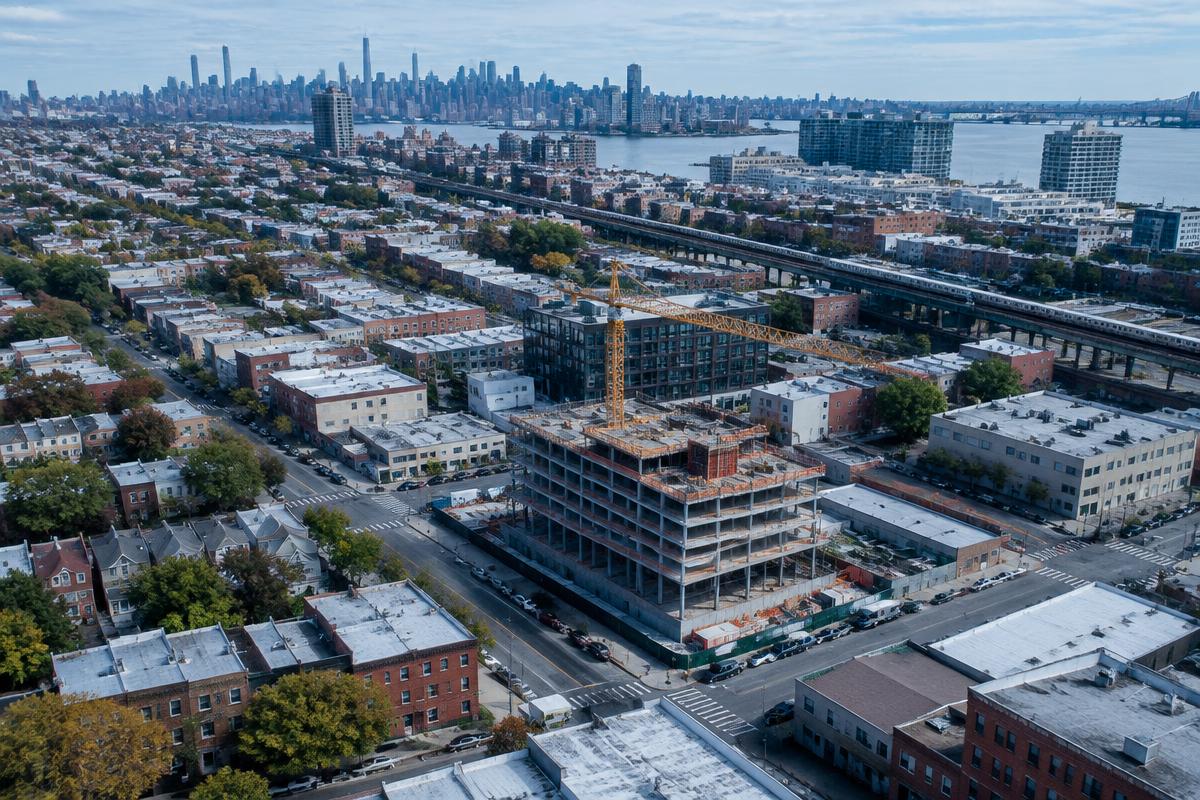 Aerial view of Queens, New York with an active construction site